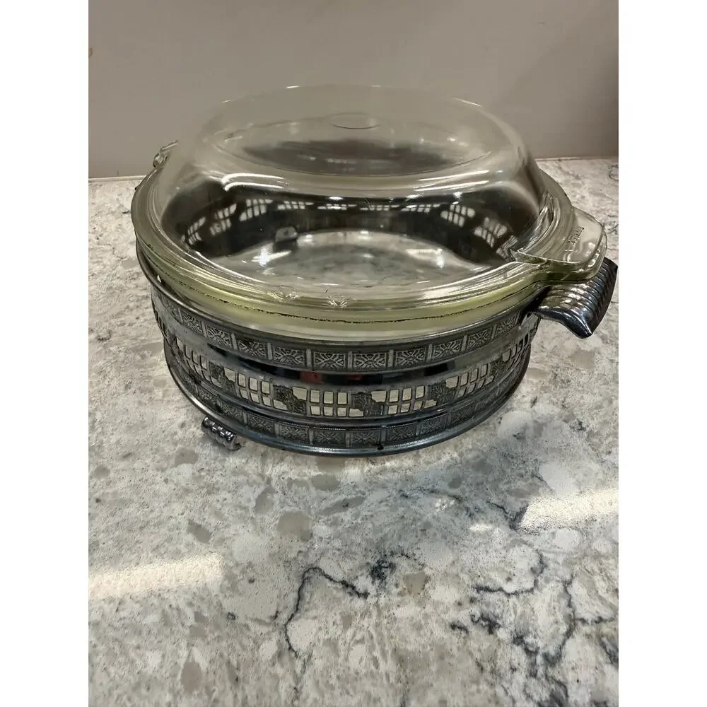Vintage Pyrex Glass Casserole Dish  w Silver-plated Metal Serving Stand